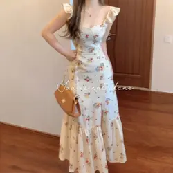 Women Summer Fashion Floral Print Ruffle Sweet Elegant Party Dresses Sexy Split Square Neck Sleeveless Slim Midi Dress Vestidos
