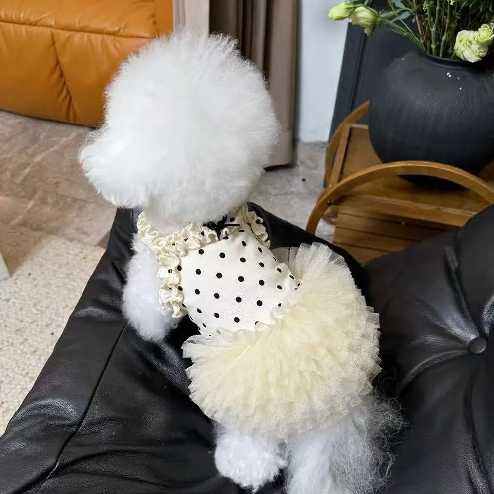 lightweight Thin Pet Dog Summer Dress Polka Dot Ruffle Sling Tulle Tutu Skirt Breathable Puppy Clothes For Daily Walking Wear