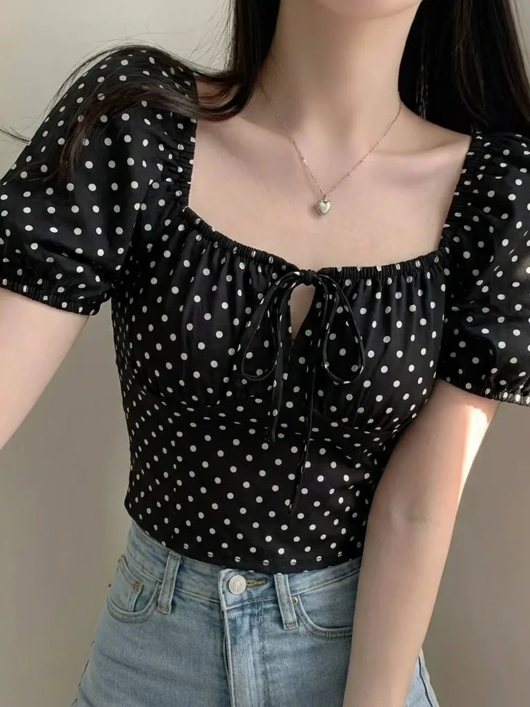 

Sexy Polka Dot Slim Fit Short Sleeve Casual Shirt Square Collar Daily New Fashion Women's Polyester Fiber 100% Summer Top