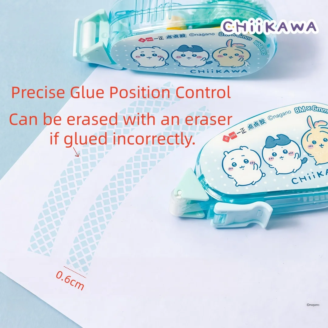 Chiikawa Dot Glue with Protective Cover, Visible Remaining Amount Applicator, Erasable Dot Double‑Sided Tape for Student DIY Cra