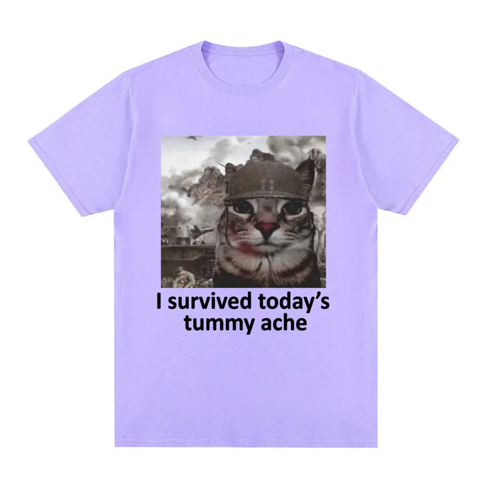 I Survived Today\'s Tummy Ache T-Shirt Funny Cat Meme Short Sleeve T Shirt Men Women Cotton Casual Oversized T Shirts Streetwear