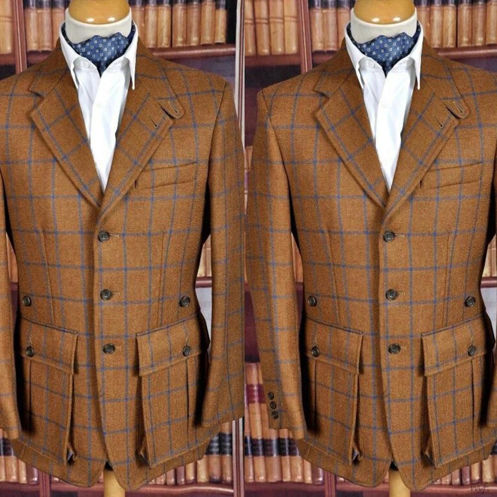 Woolen Plaid männer Anzug Hochzeit Mantel Kerb Revers Smoking Einreiher Bräutigam Tragen Business Party Nur Blazer Angepasst