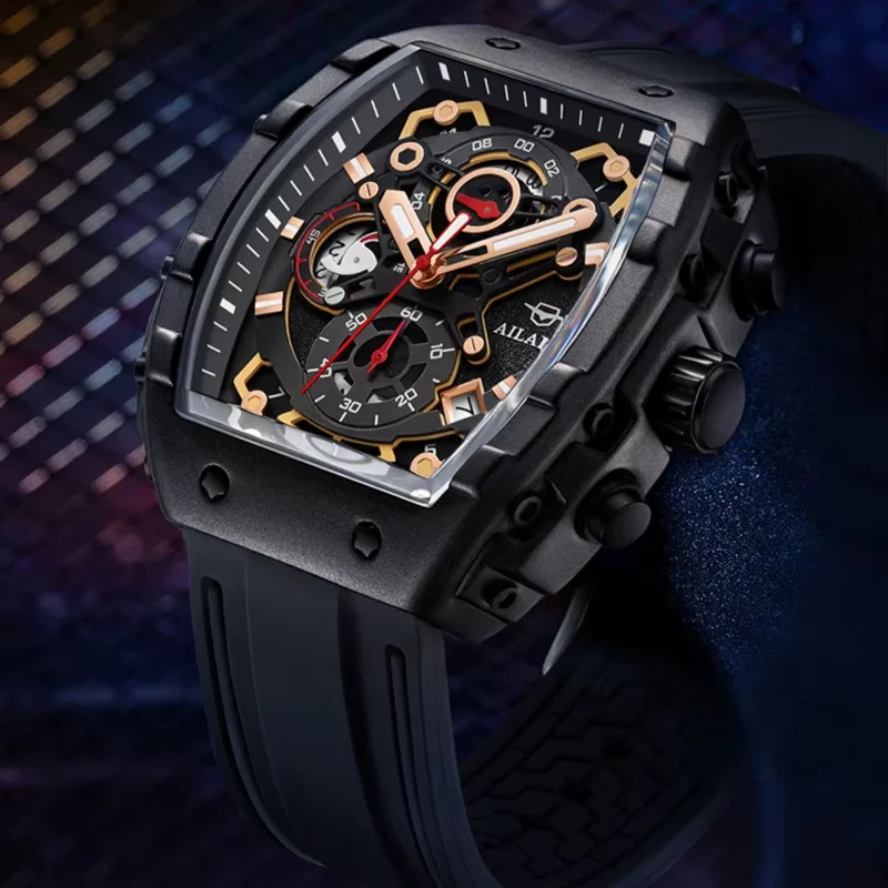 New Arrival Luxury Sports Fashion Ailang Chronograph Quartz Watch Barrel Silicone Water Resistant Strong Luminous Wristwatch