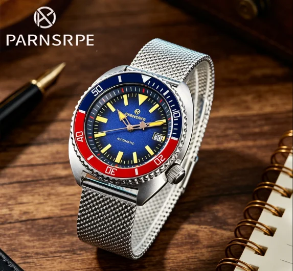 Reloj PARNSRPE Turtle Diver para hombre, reloj automático NH35 para hombre, relojes de buceo con bisel Pepsi, esfera azul granulada, manecillas de flecha retro