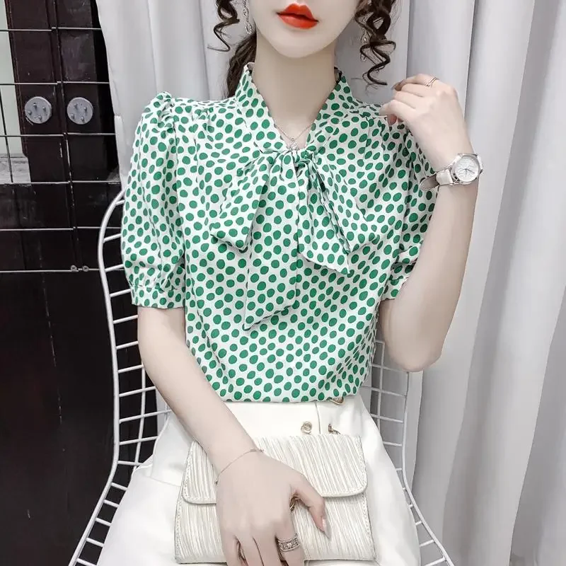 Clothes Tops for Women Green Frill Printed Chiffon Womens Shirt & Blouse Dots Ruffle Short Sleeve Sale of Novelty 2024 M Pretty