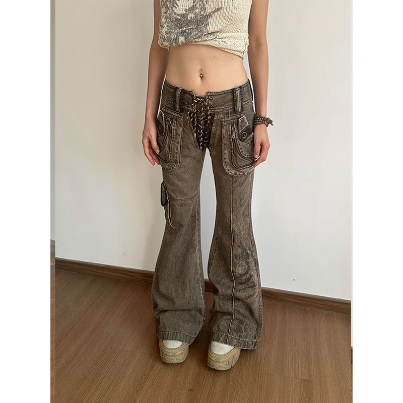 Women's Brown Gothic Y2K Jeans Baggy Aesthetic Denim Trousers Harajuku Streetwear Jean Pants Vintage 2000s Trashy Clothes 2024