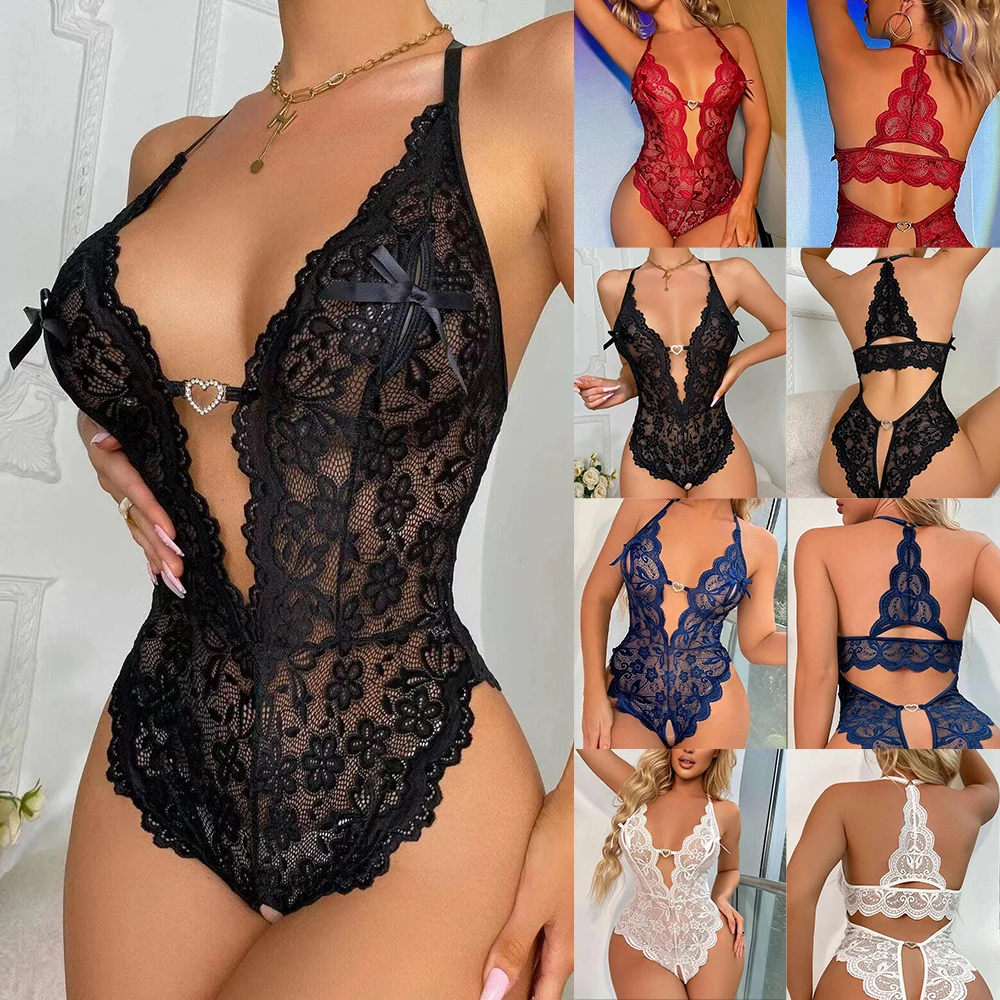 Women Snap Crotch Lingerie Sexy Lace Bodysuit Deep V Teddy One Piece Lace Mini Babydoll Sheer Floral Teddy Valentine