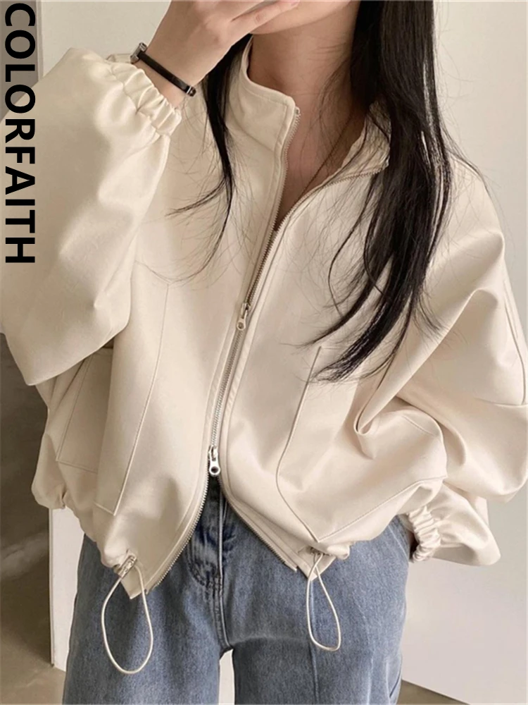 Colorfaith Jk3977 Nieuwe 2023 Leren Jassen Bovenkleding High Street Oversized Faux Lederen Wilde Herfst Winter Dames Korte Tops