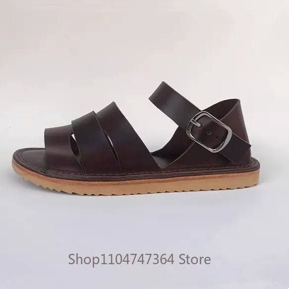Vintage Cowhide Casual Beach Shoes Men's Sandals Summer Roman Genuine Leather Open Toe Outdoor Hiking Fashion Male Brown Black