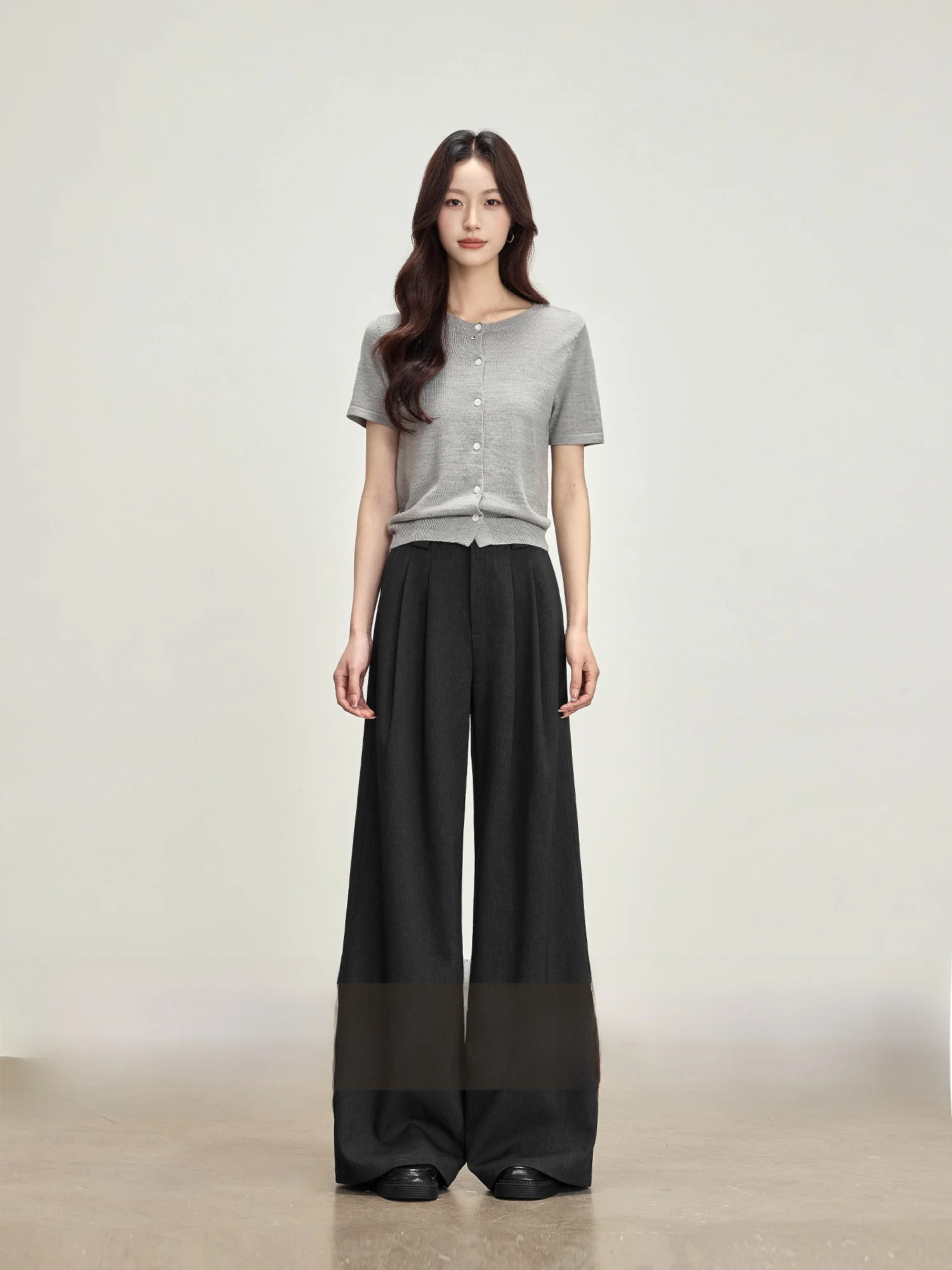 

Gray Suit Pants High Waist Wide Leg Casual Trousers for Women Spring Season Loose Fit Pants Simple Style Pure Color Folded