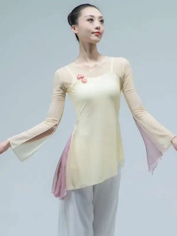Camicia da ballo classica da donna, leggera, in rete trasparente, con corno superiore, manica lunga, abbigliamento da ballo popolare cinese con bottone a nodo