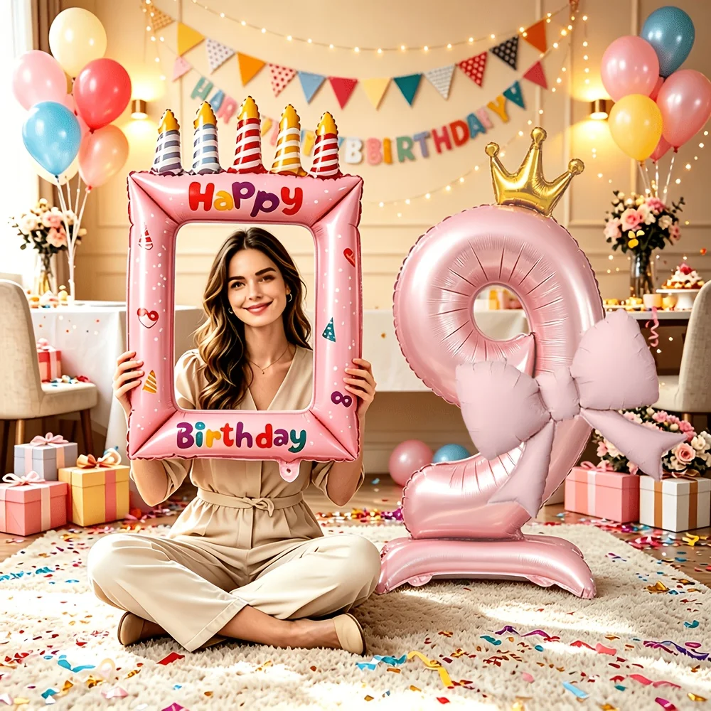 3-Piece Birthday Party Decoration Set, Includes 40inch Pink Standing Balloons, Colorful Birthday Photo Frames, and Bow Balloon Combinations, Suitable for Birthday Party Decorations, Anniversary Celebrations, Holiday Celebration Backdrops, Outdoor Party Atmosphere Photo Props, Halloween and Christmas Decorations