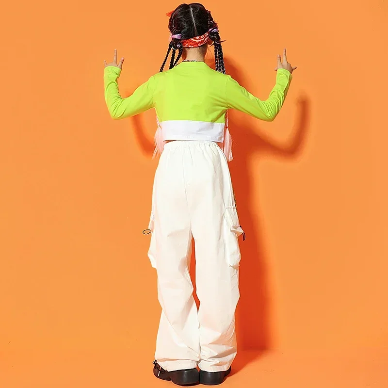 Kids Stage Kpop Outfit Green Pink Top Cargo Pants For Girls Hip Hop Clothes Group Jazz Costumes Street Rave Clothing SL7339