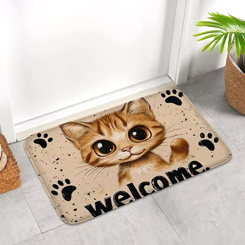 Welcome Cat Paw Print Door Mat Cute Pet Lover Rectangle Floor Rug for Front Door Porch Entryway Kitchen Home Decor Carpet