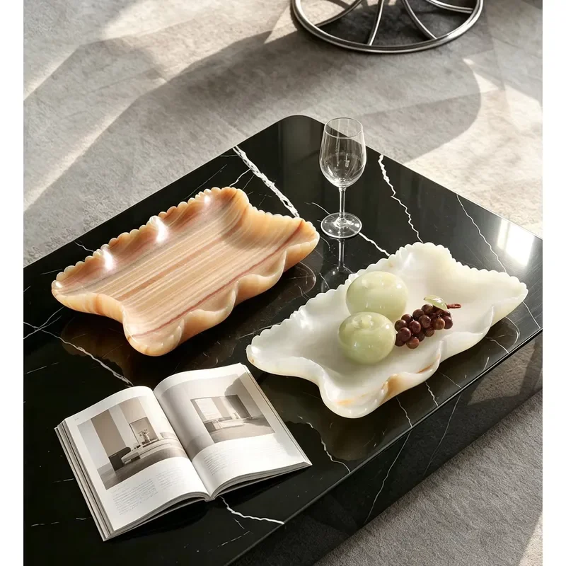 STONEKOCC Modern Light Luxury Natural Marble Tray Wavy Corrugated Edge Custom Logo Decorative Storage Home Display Ornament