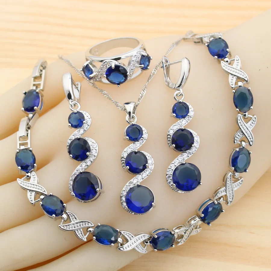 Classic Blue Zirconia 925 Silver Jewelry Sets for Women Earrings Necklace Pendant Ring Bracelet Wedding Gift