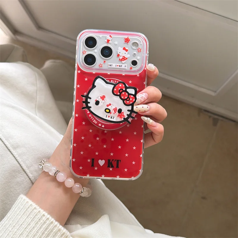 

Magnetic Grip Holder Wireless Charge Phone Case For Magsafe iPhone 17 16 15 14 13 Pro Max Cute Cartoon Sanrio Hello Kitty Cover