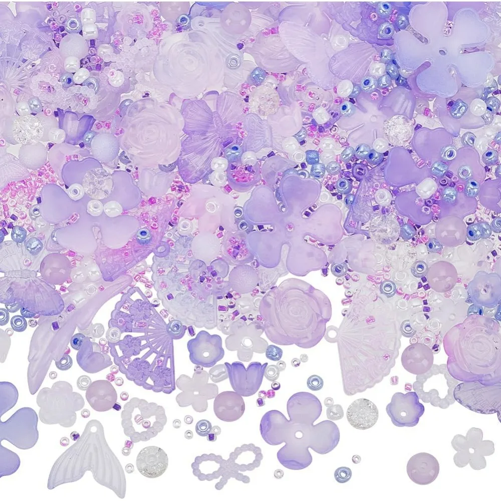 1 Box  200G Acrylic Assorted Bead Set Kawaii Aesthetic Beads 2mm 4mm 8mm Purple Round Crackle Rose Flowers Butterfly Bead