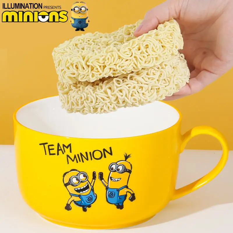 Minions cartoon character cute ceramic bowl creative kawaii instant noodle bowl with lid lunch box with handle sealed bowl