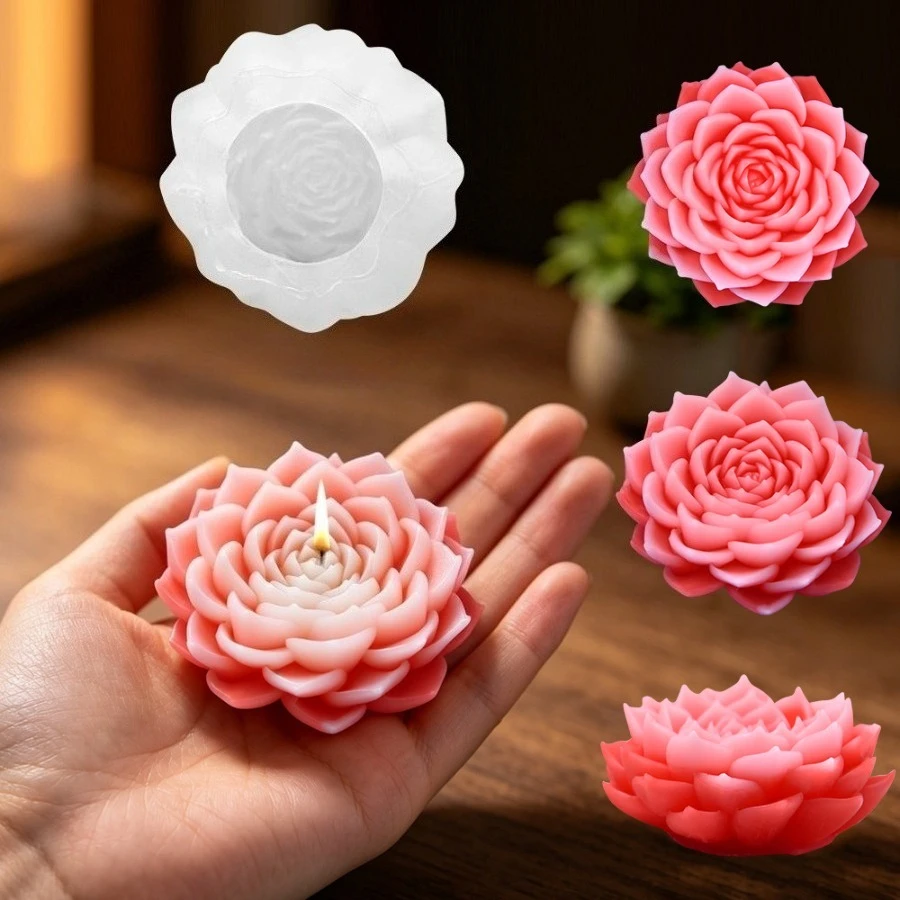 3D Succulent Lotus Silicone Candle Mold, DIY Aromatherapy Candle Soap Gypsum Resin Craft Cement Mould, Home Decoration Gift