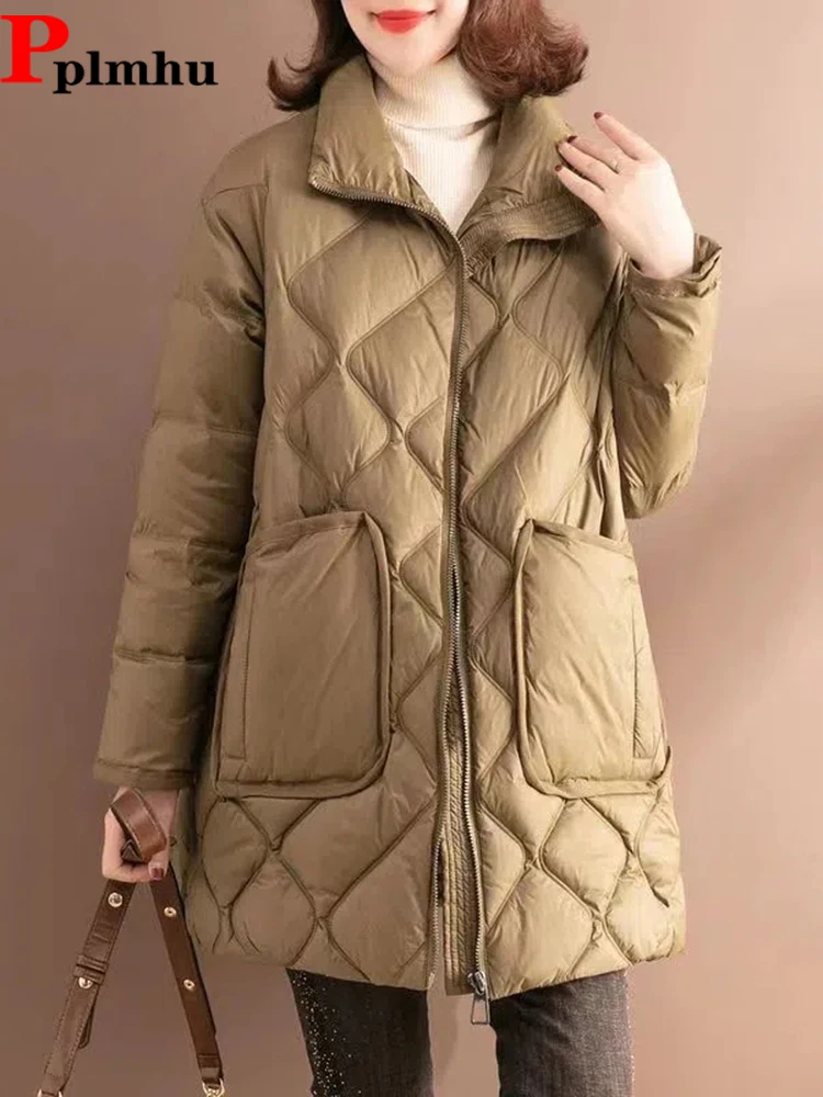 Oversized Lightweight Down Cotton Coats Winter Loose Mid-length Casual Basic Jaqueta Tops Korea Warm Classic Big Pocket Jackets