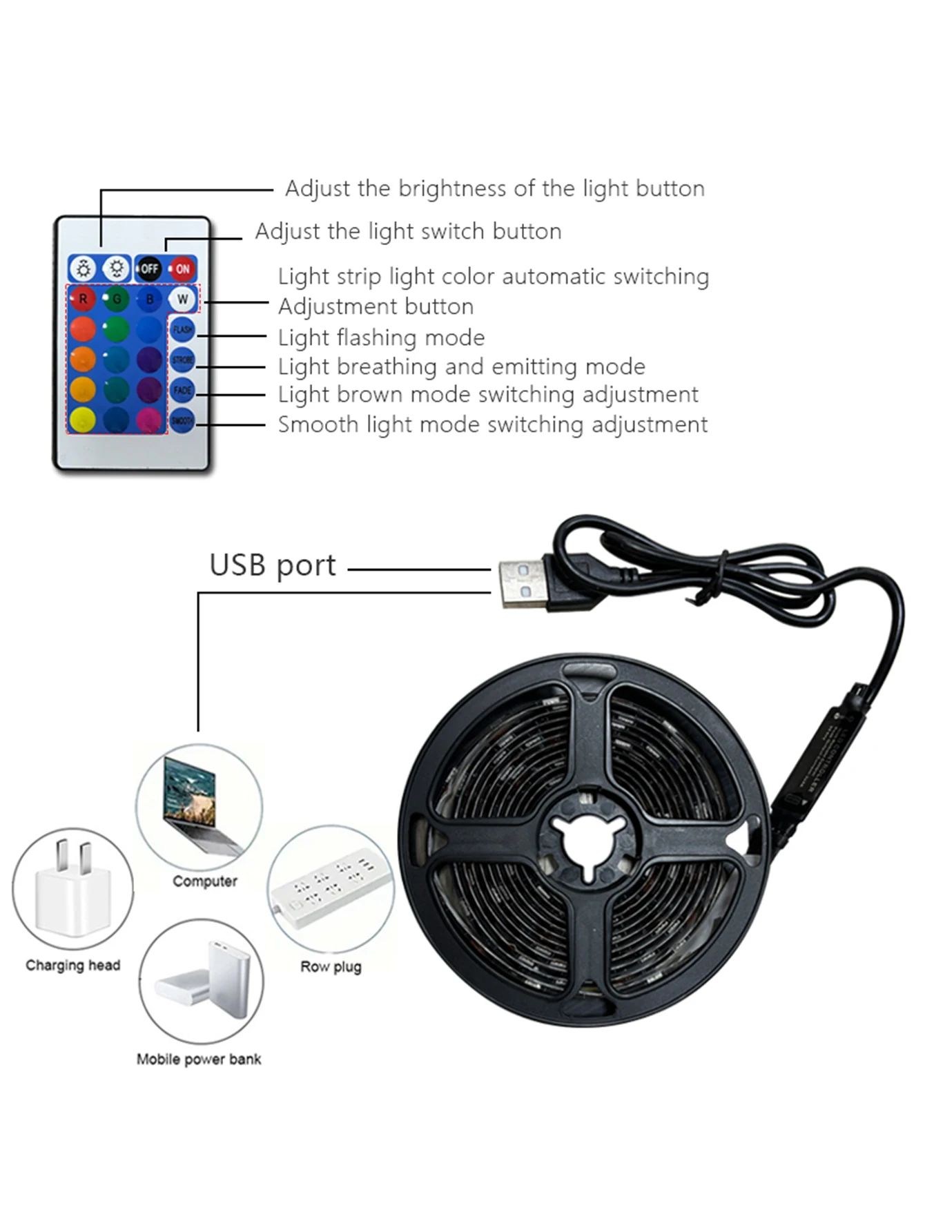 Fita de Luz LED Auto-adesiva, Cor RGB Fluida, Multifuncional, Casa, Computador, Armário, Escada, Decoração Interior, 5V