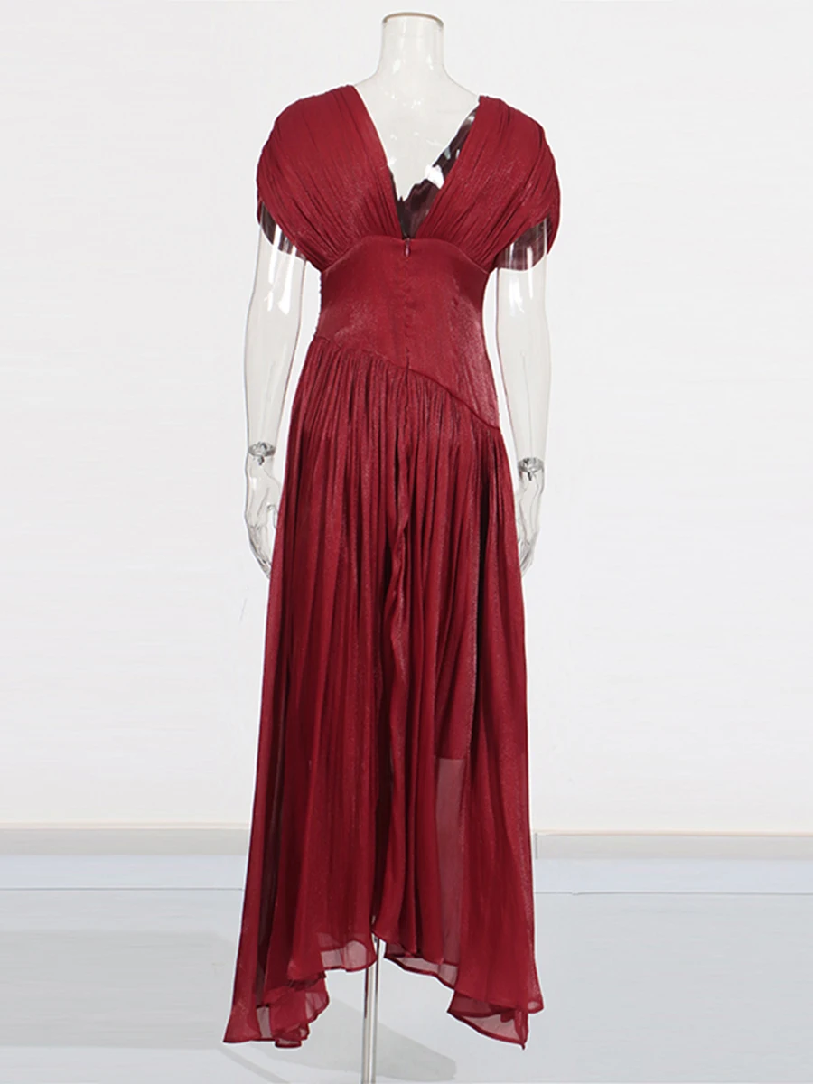 CHICEVER-vestido liso con pliegues empalmados para mujer, cuello en V, manga corta, adelgazante, estilo playero, ropa nueva de moda de otoño