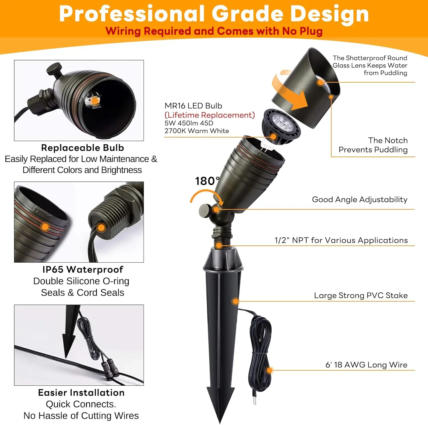 Solid Brass Landscape Spotlight Wired, 12V Outdoor LED Bullet Uplights, Waterproof Electric Bronze for