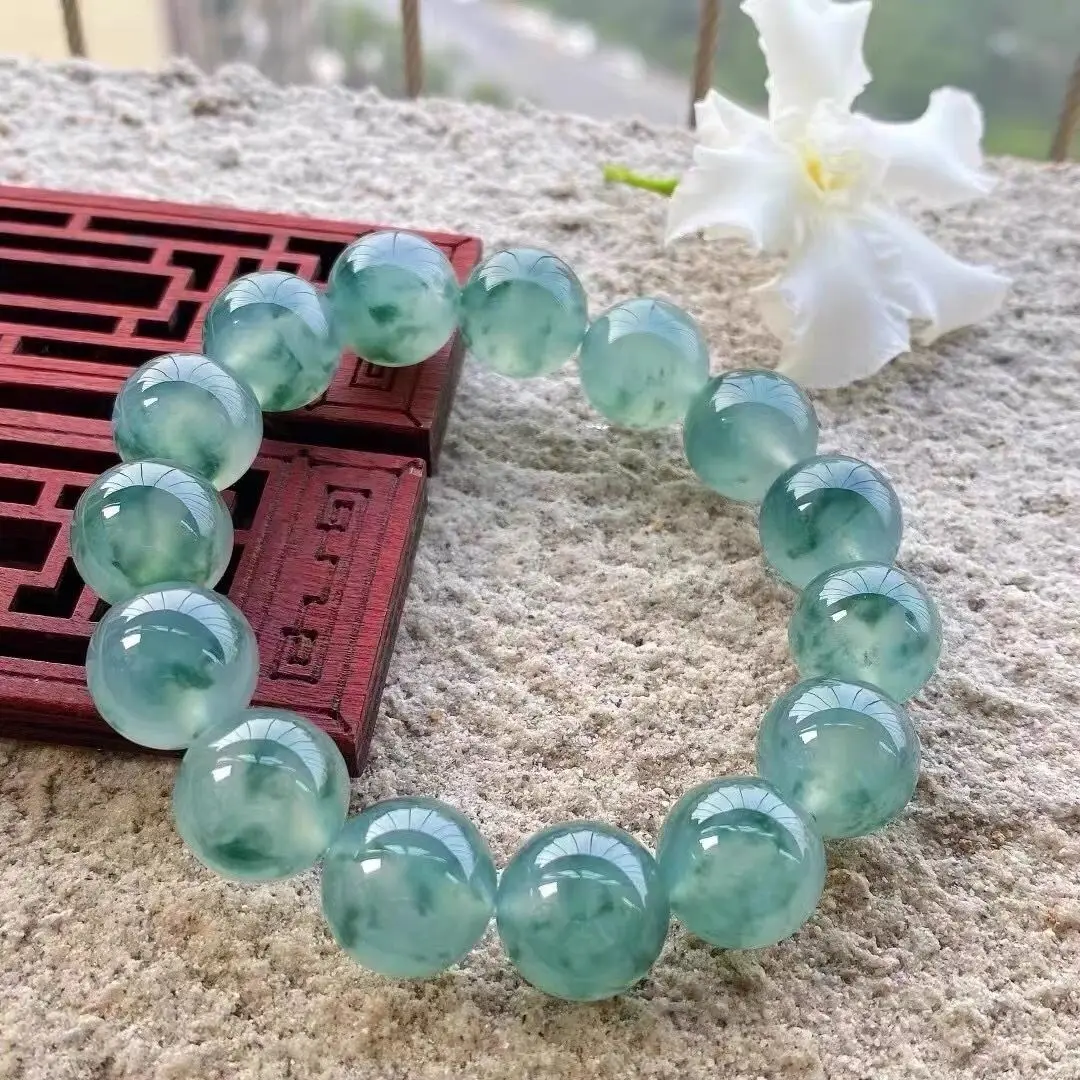Bracciale fiore galleggiante tipo ghiaccio in giada birmana, braccialetto da donna in giada verde olio a cerchio singolo