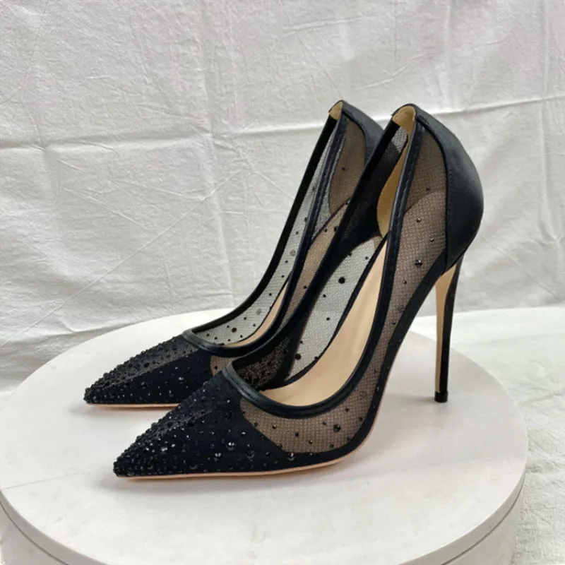 

Breathable Air Mesh Rhinestone Pumps Elegant Pointed Tip Thin Heel Shallow Mouth Women's Shoes Office Career Single Shoes 12CM