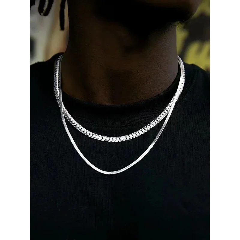 Men Double Layer Cuban & Snake Chain Necklace Stainless Steel Two Style Stack Choker Hip Hop Fashion Neck Jewelry