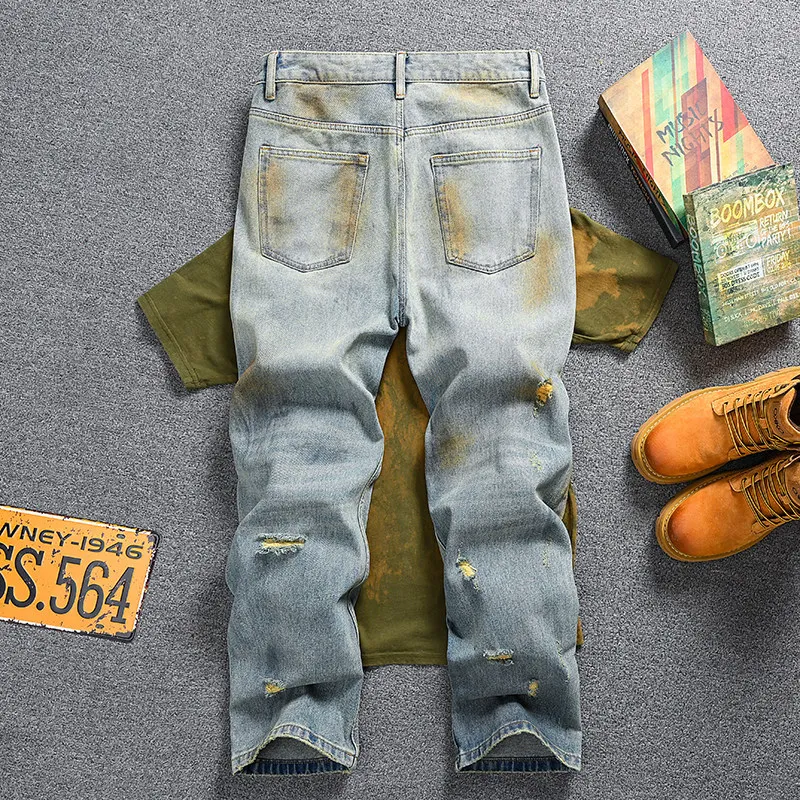 Mens Vintage Distressed Ripped Denim Jeans American Style Loose Straight Yellow Mud Wash Trendy Trousers