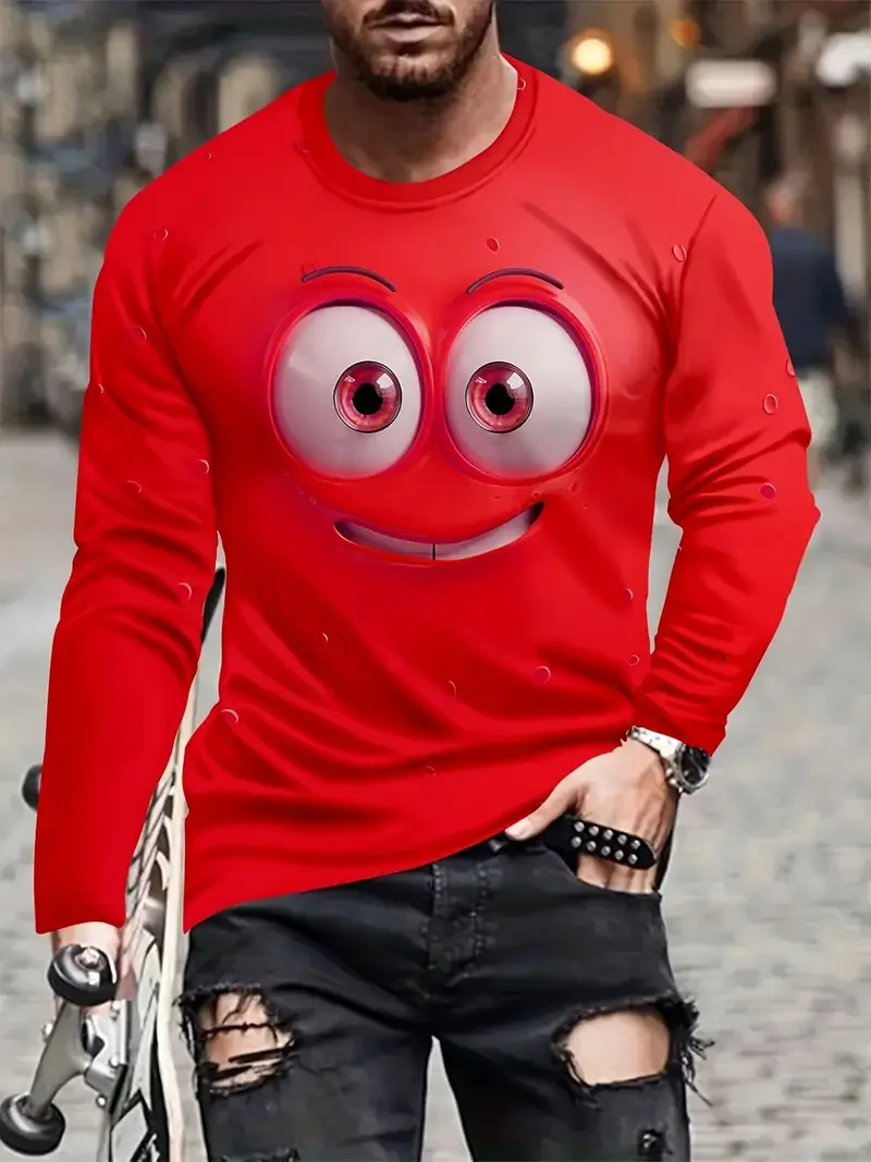 Men's Cartoon Humor Expression Face Long Sleeve T-shirt 3D Print Man Women Casual Crew Neck t shirt Loose Funny Tops Men Clothes