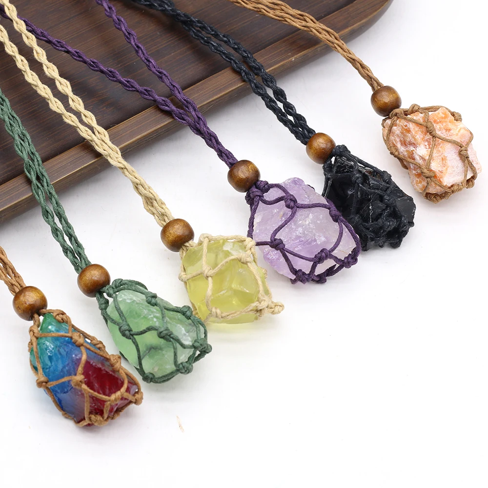 5PCS Irregular Rough Stones Net Pocket Metal Bamboo Chain Necklace Natural Reiki Healing Amethyst Crystals Pendant Necklace Gift