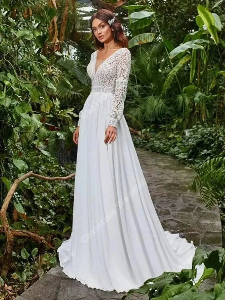 Deep V-Neck Tulle Women Wedding Dresses Sweet Lace Appliques Mopping Length Bridal Gowns New Custom Made A-Line Vestido De Noiva