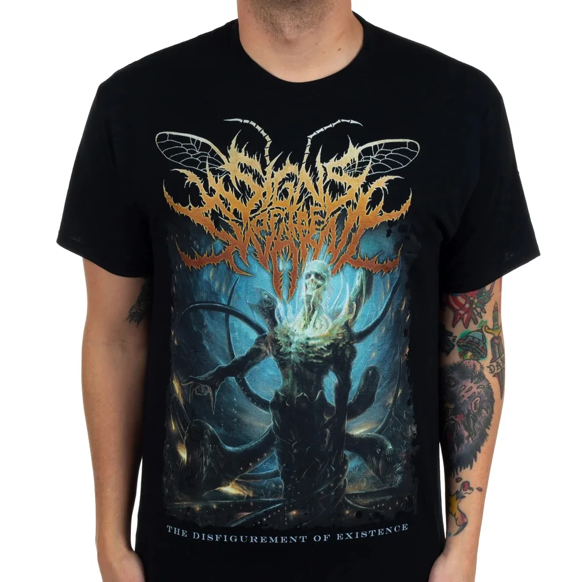 Signs of The Swarm Dark Fantasy Monster Artwork Print T‑Shirt, Displays Gradient Fiery Band Logo Insect‑wing Element