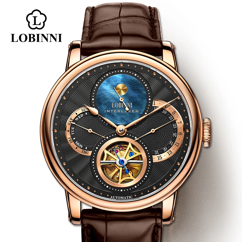 Lobinni Horloge Mannen Automatische Goud Mechanische Horloges Horloges Fashion Sportieve Band Chronograaf Saffier Skelet Horloge Merken