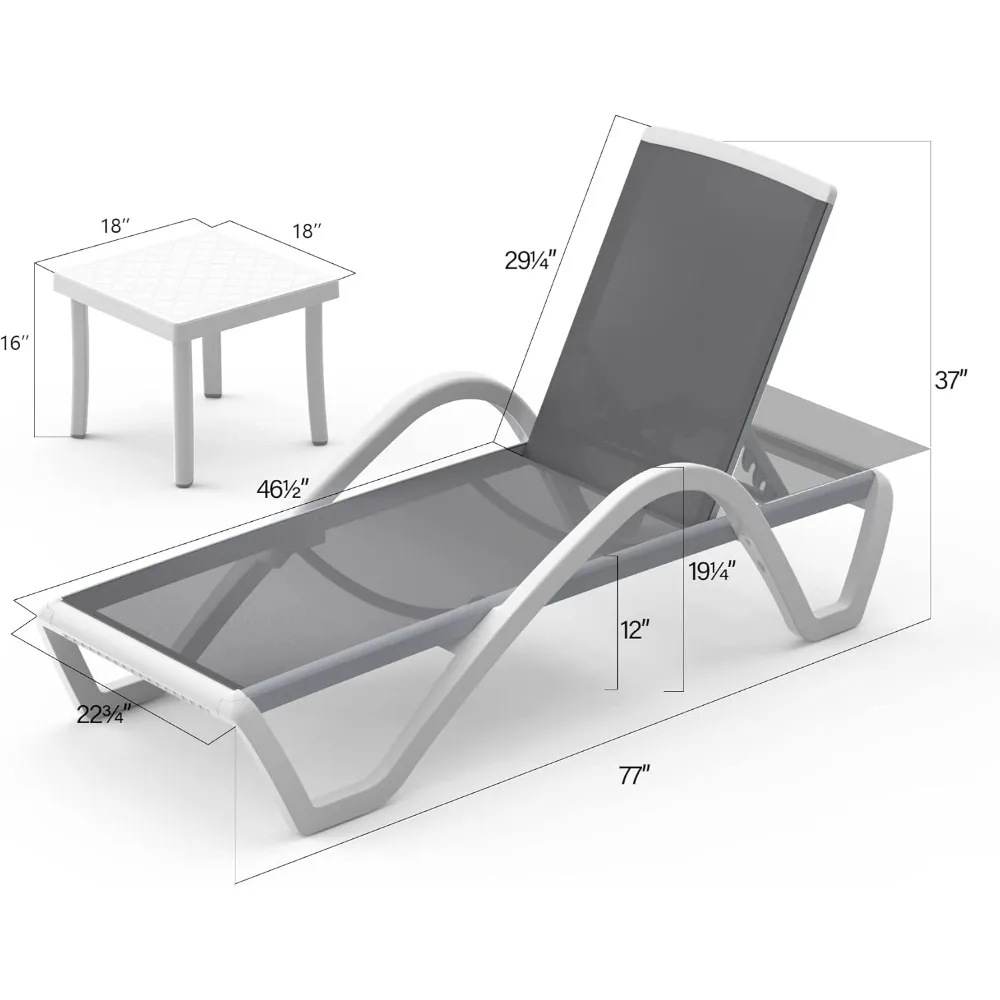 Chaise Lounge Chair 2 Chairs W/Table, Outdoor Aluminum Polypropylene Sunbathing Chair with Adjustable Backrest, Side Table