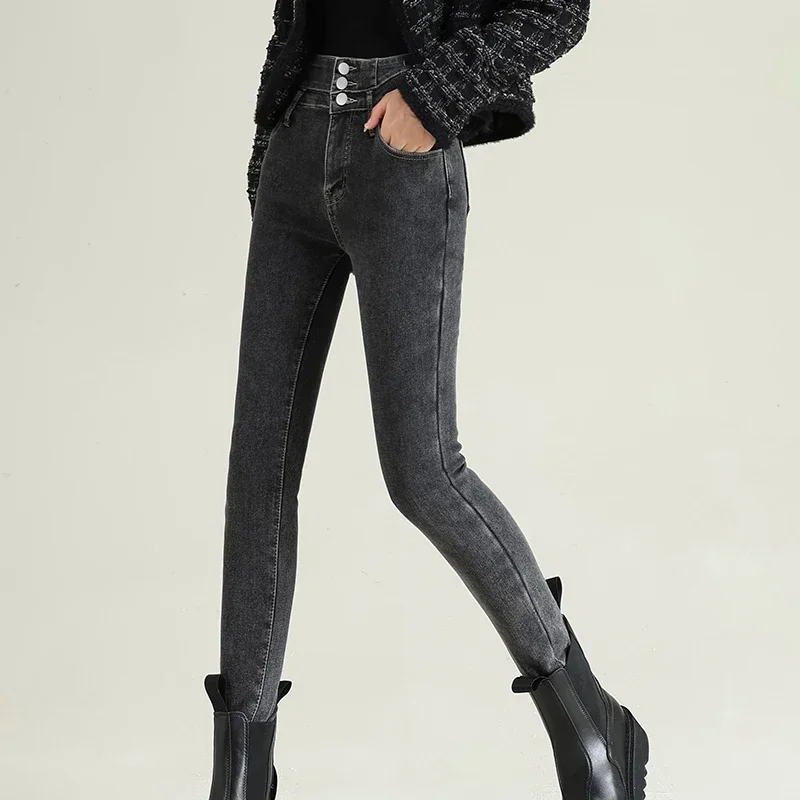 جديد المرأة عالية الخصر جينز سترتش أزرق أسود رمادي عصري ومتعدد الاستخدامات متعدد زر شعبية سليم الدينيم السراويل الطويلة الإناث #6