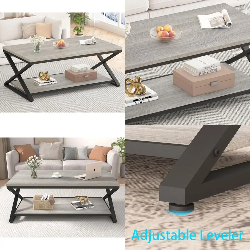 

Grey Farmhouse-Style Storage Coffee Table, 47 Industrial Wood & Metal Rectangle Centerpiece for Living Room and Home Office