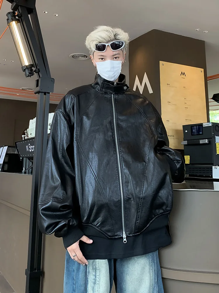 

Retro PU Leather Jaet Men's Loose Fit Thiened Stand Collar Motorcycle Sle American Trendy Brand Haome Autumn Winter ...