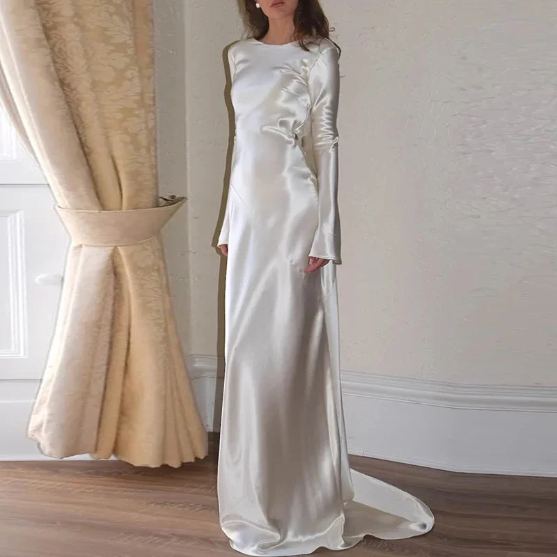 

White Satin Long Sleeved Slim Evening Dress Sexy Hollow Out Backless Mermaid Robe Dress New Autumn Women O Neck Fashion Dresses