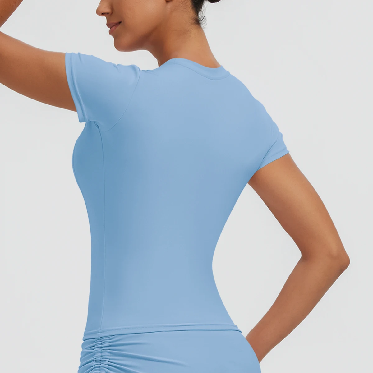 Neues Damen Sommer Yoga Kurzarm T-Shirt Lauf- und Radsport Einfarbiges Schnelltrocknendes Workout-Oberteil Enganliegend Atmungsaktive Yoga-Kleidung – Detail 23