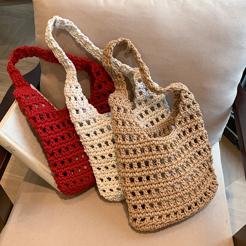 

Handmade yarn knitted bag for women's hollow vacation lazy style shoulder bag (with small bag) suitable for girls, women, colleg