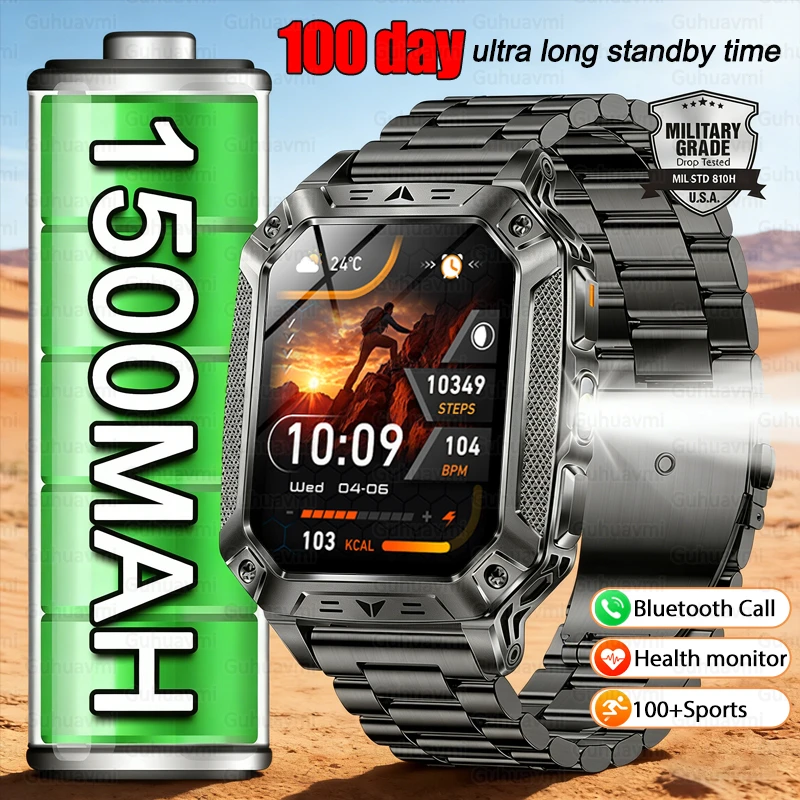 

Men Rugged Smart Watch 2.01''HD Screen 100+Sports Modes BT Call Heart Rate SOS Alert 10ATM Waterproof 1500mAh Battery Smartwatch