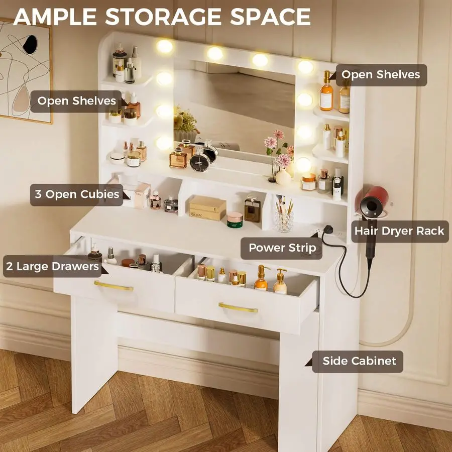 Vanity Desk with Lighted Mirror and Power Outlet, RGB LED Lights Makeup Vanity Set for Girls, Large Storage Capacity Dressing T