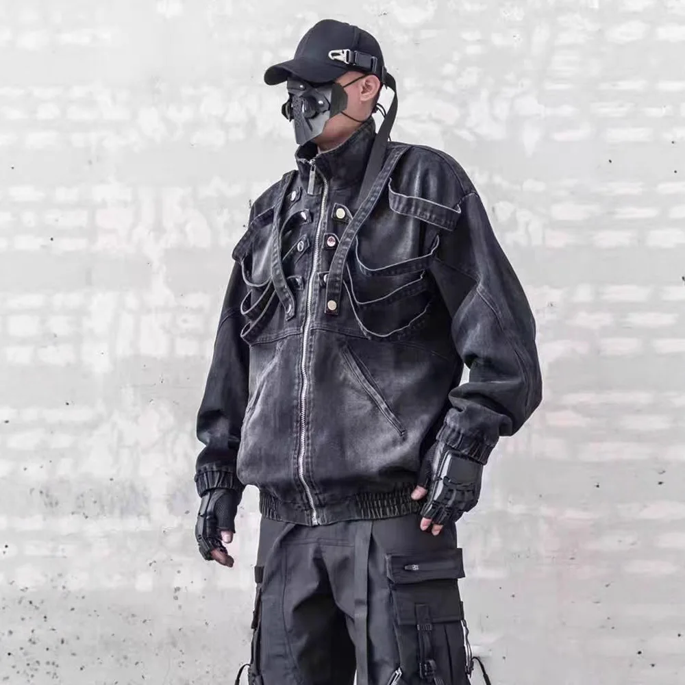 Autumn Dark Retro Washed Shoulder Padded Ripped Denim Jacket Men's Spring and Autumn Workwear Stand Up Collar Jacket