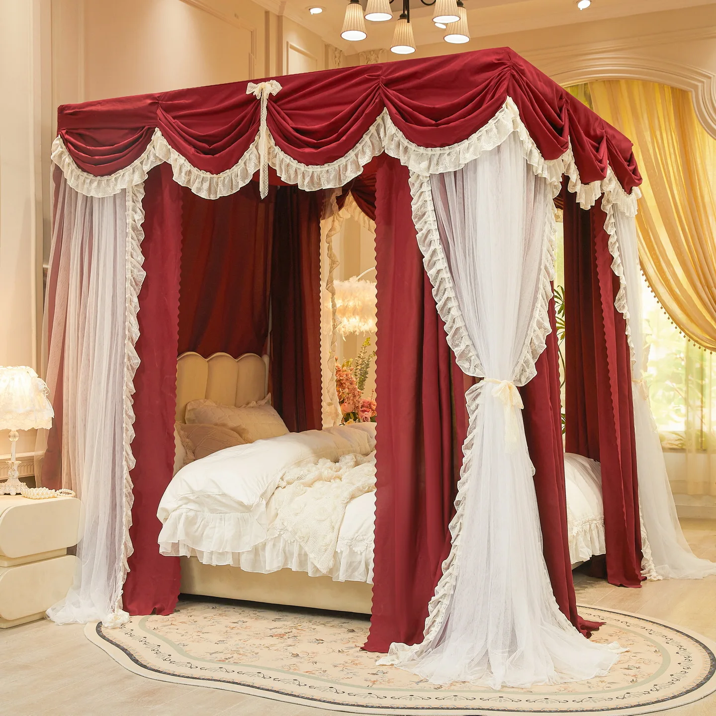Luxury French Style Mosquito Net Double Layer Canopy with 3 Doors Blackout Dustproof Bed Curtain