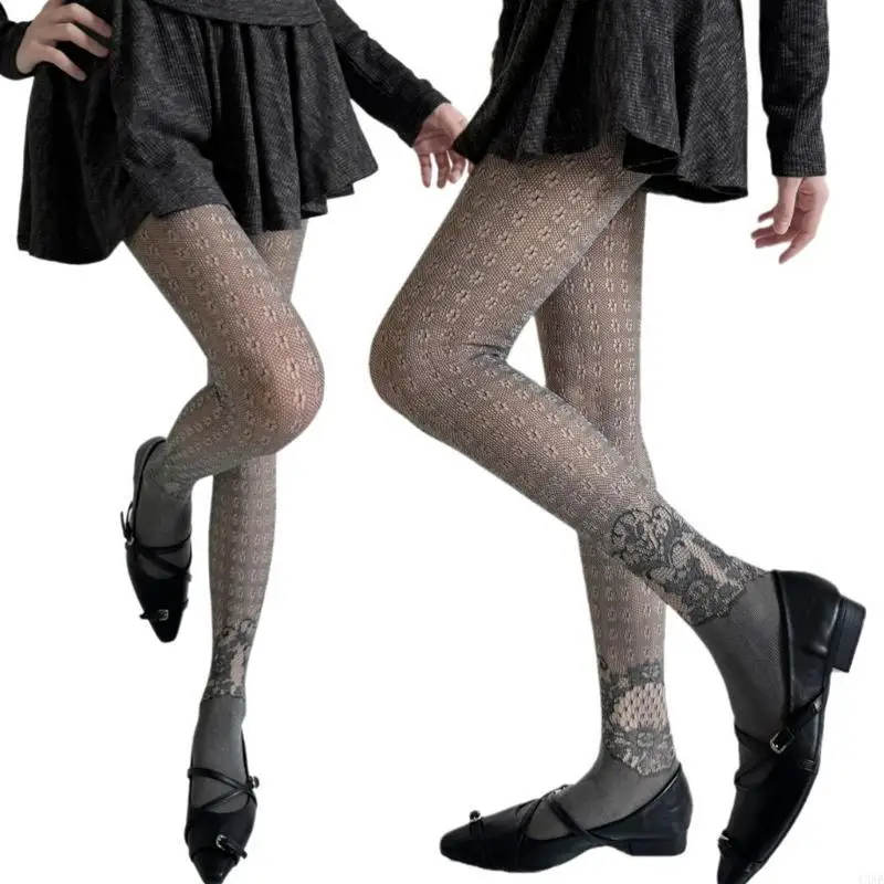 

Y3NE Vintage Lace Pattern Fishnet Stockings Floral Mesh Tights for Fashionable Women Elegant Gray Pantyhose Leggings Hosiery