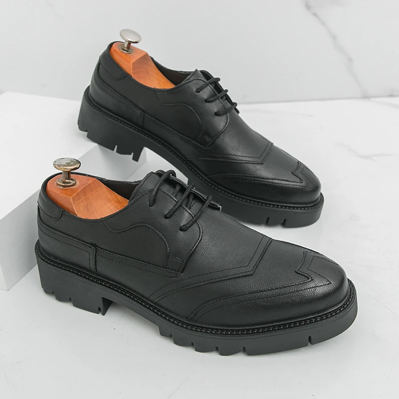 

Retro Men Derby Shoes Black British Casual Lace-up Thick-soled Anti-slip Business Leather Shoes Designer Shoes Sizes 38-46